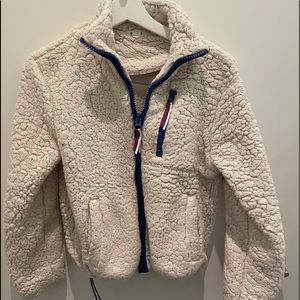 Garage White Sherpa Zip up with Red and Blue Detailing